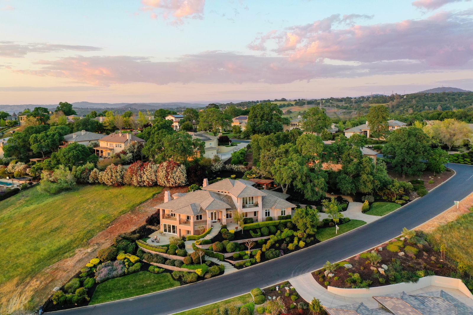 Aerial drone photo of homes in a residential neighborhood