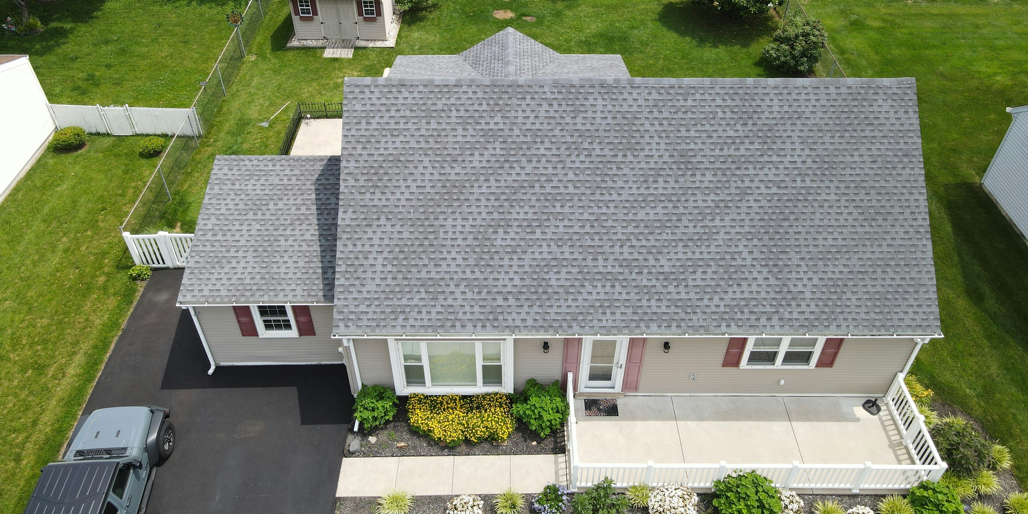 Top-down aerial drone photo of a residential roof